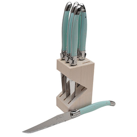 Jean Dubost 6 Steak Knives Turquoise in Wooden Block