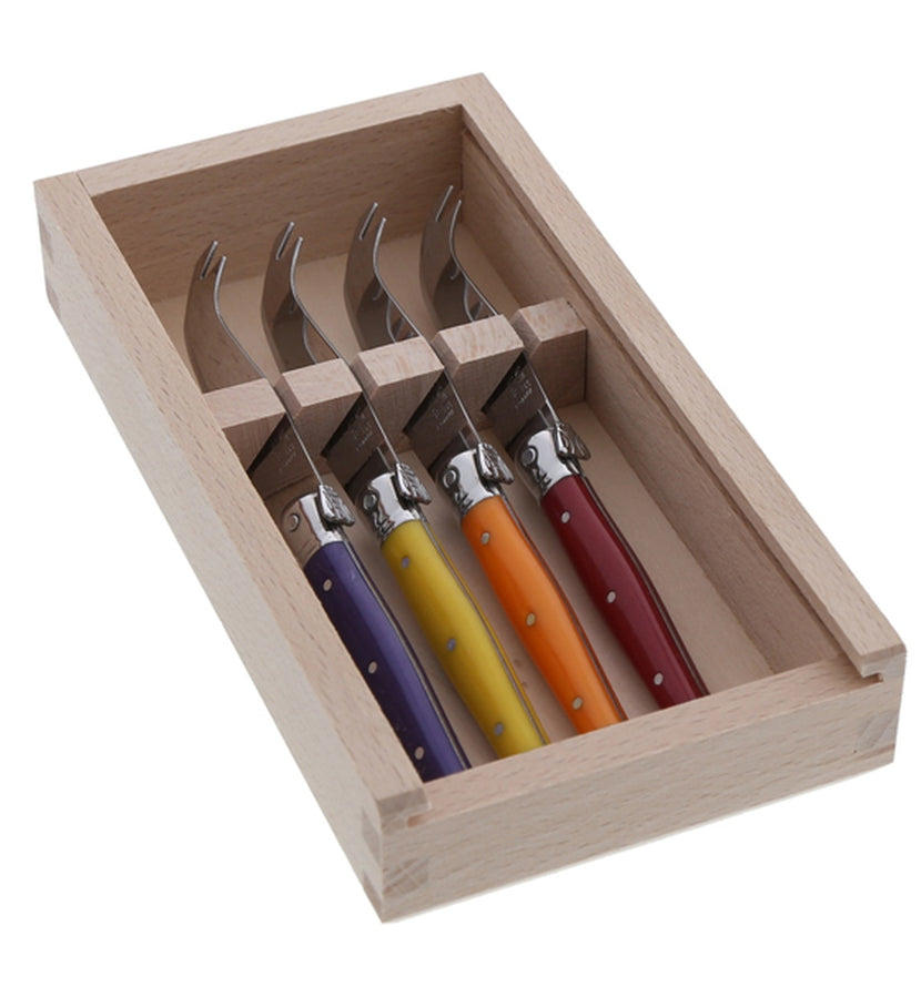 Jean Dubost 4 Multi-Color Cheese Knives in Box
