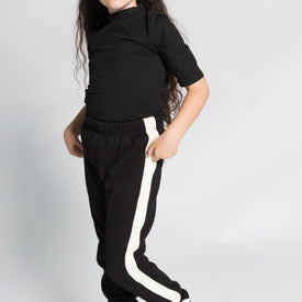 GIRLS BLACK STRAIGHT LEG JOGGERS WITH WHITE STRIPE DETAIL