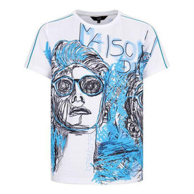 BOYS WHITE MASION DES JRS SHORT SLEEVED TOP WITH BLUE ILLUSTRATED DESIGN