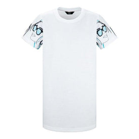 GIRLS WHITE REGULAR FIT T-SHIRT DRESS WITH BLUE FACEPRINT ARM DETAIL
