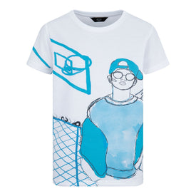 BOYS WHITE  SHORT SLEEVED T-SHIRT WITH BLUE BASKET BALL PRINT JUNIOR STYLE STRAIGHT FIT TEE