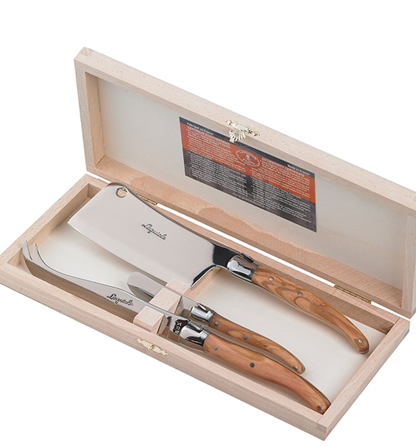 Jean Dubost 3pc Olive Wood Cheese Set in a Clasp Box