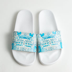 WHITE SLIDERS WITH BLUE MIRRORED MAISON PRINT
